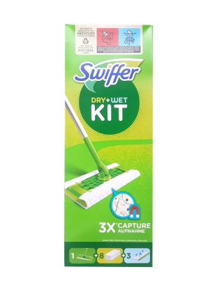 Poza cu Swiffer Dry + Wet Kit, mop cu maner extensibil, 8 lavete uscate si 3 lavete umede